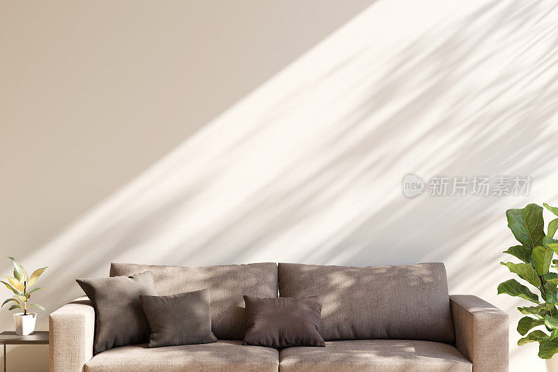 客厅家具，大沙发前面的空白白墙，阳光从外面进来。内容的模板。3 d演示。
